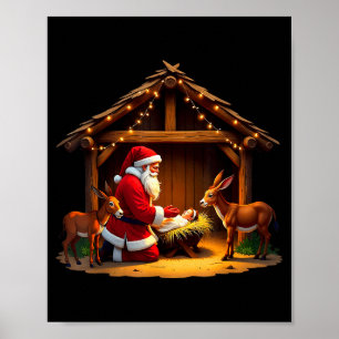Kneeling Santa Claus &amp; Baby Jesus Merry Christ Poster