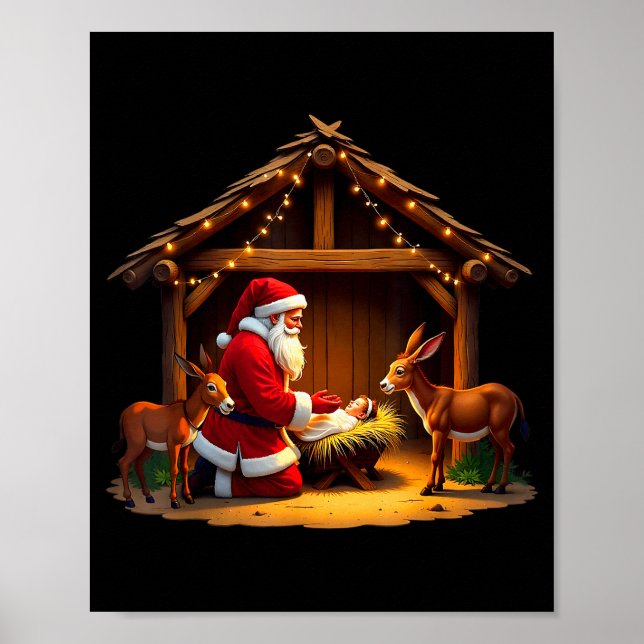 Kneeling Santa Claus &amp; Baby Jesus Merry Christ Poster (Front)