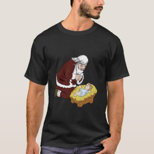 Kneeling Santa Claus With Baby Jesus Christmas Gif T-Shirt