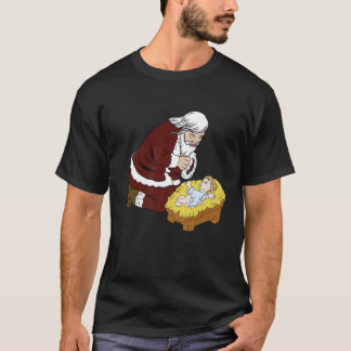Kneeling Santa Claus With Baby Jesus T- Christmas T-Shirt