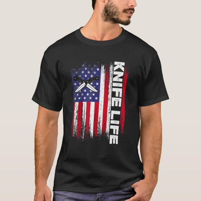 Knife Life US Flag  Knifeaholic  Knives Collecting T-Shirt (Front)