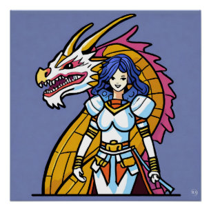 Knight And Dragon Glossy Poster