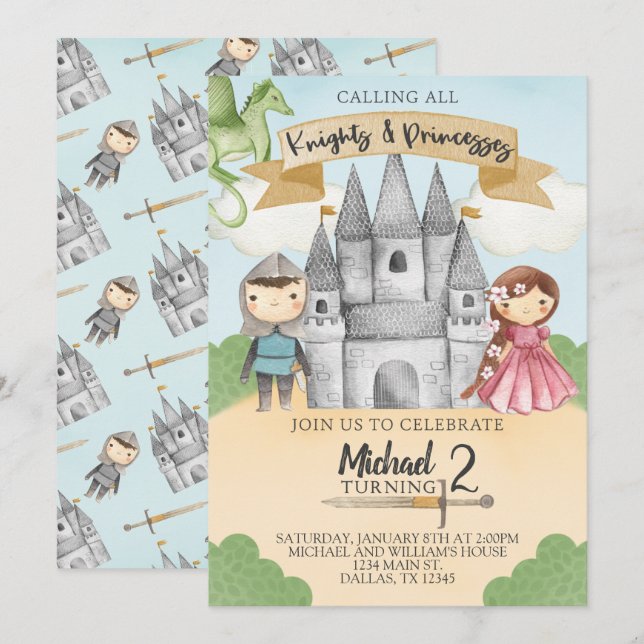 Knight and Princess Birthday Party Invitation (Front/Back)