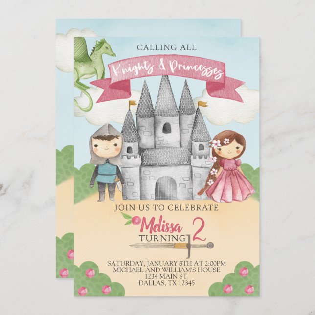 Knight and Princess Birthday Party Invitation Girl (Front/Back)