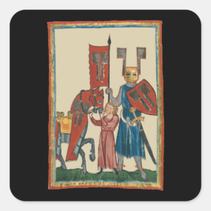 Knight and Squire, 14th Century Mediaeval Art Square Sticker