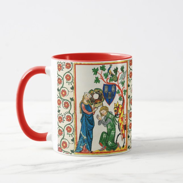 KNIGHT BEING ARMED BY HIS LADY ,MEDIEVAL MINIATURE MUG (Left)