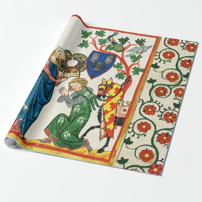 KNIGHT BEING ARMED BY HIS LADY ,MEDIEVAL MINIATURE WRAPPING PAPER (Unrolled)