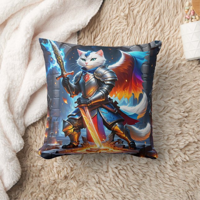 Knight Cat in Armour With Sword in Fantasy Setting Cushion (Blanket)