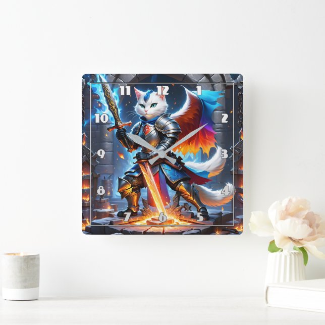 Knight Cat in Armour With Sword in Fantasy Setting Square Wall Clock (Home)