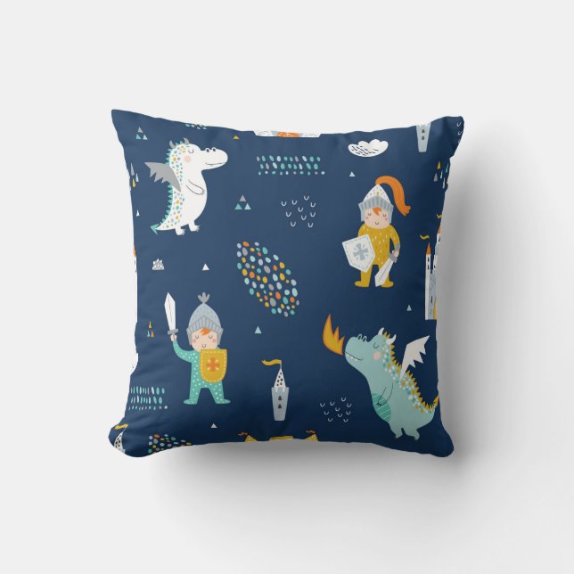 Knight Dragon Castle Childish Pattern Cushion (Front)