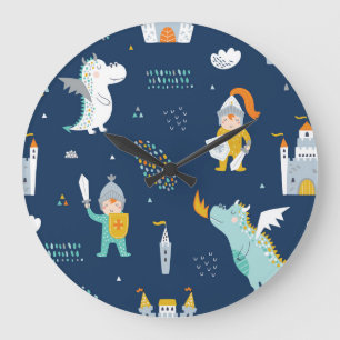 Knight Dragon Castle Childish Pattern Large Clock