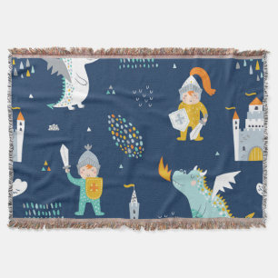 Knight Dragon Castle Childish Pattern Throw Blanket