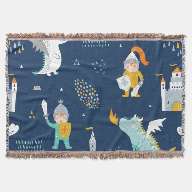 Knight Dragon Castle Childish Pattern Throw Blanket (Front)
