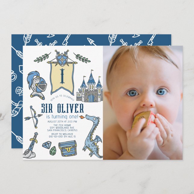 Knight Dragon Castle Mediaeval 1st Birthday Photo Invitation (Front/Back)