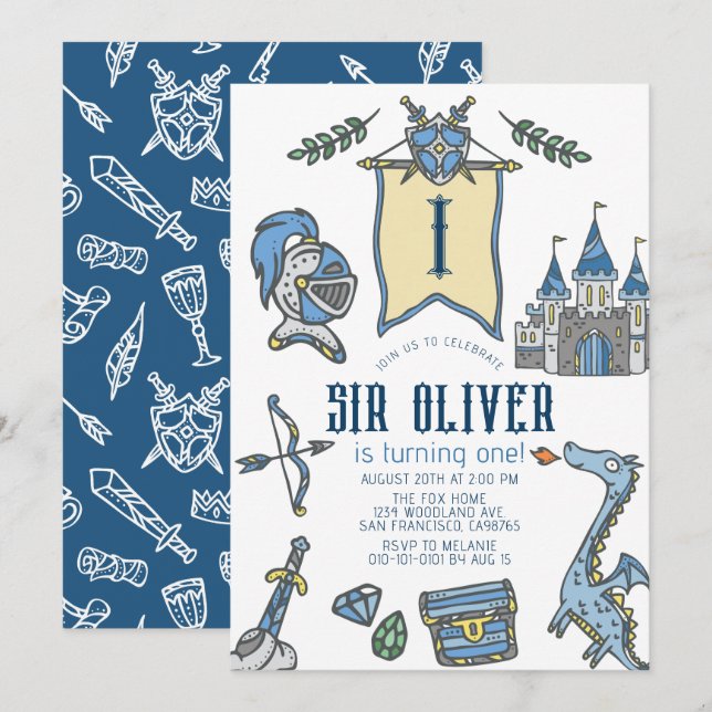 Knight Dragon Castle Mediaeval Boy 1st Birthday Invitation (Front/Back)