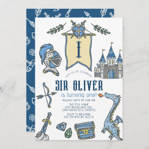 Knight Dragon Castle Mediaeval Boy 1st Birthday Invitation