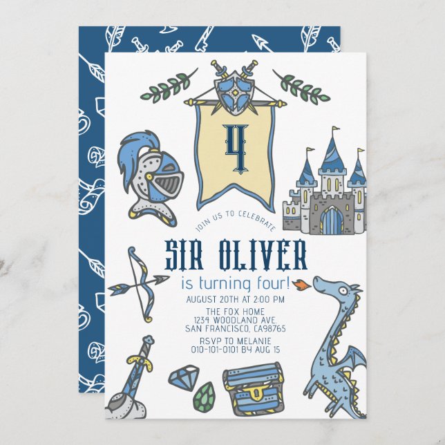 Knight Dragon Castle Mediaeval Boy Birthday Invitation (Front/Back)