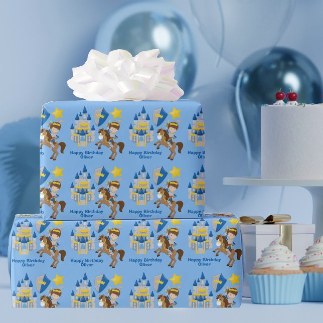 Knight in Shining Armour Custom Blue Boys Birthday Wrapping Paper (Creator Uploaded)