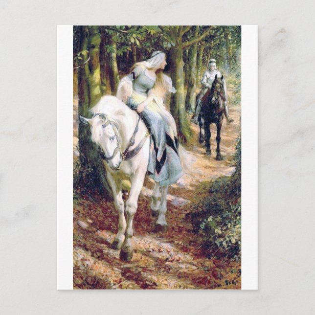 Knight lady white horse mediaeval romantic postcard (Front)