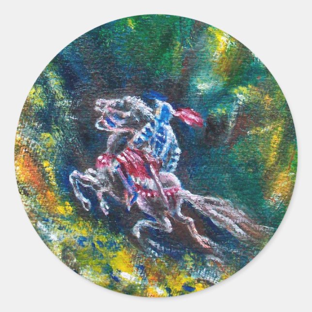 KNIGHT LANCELOT ,HORSE RIDING IN GREEN FOREST CLASSIC ROUND STICKER (Front)
