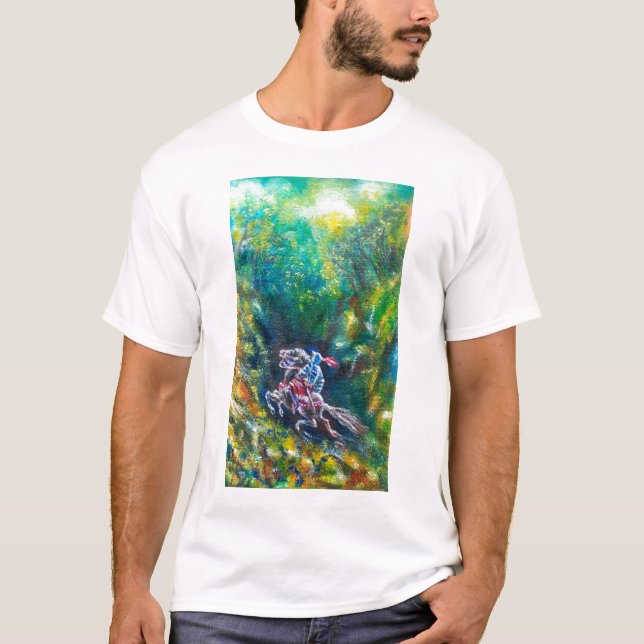 KNIGHT LANCELOT ,HORSE RIDING IN GREEN FOREST T-Shirt (Front)