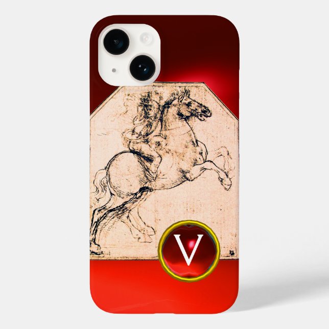 Knight on a Rearing Horse Red Ruby Gem Monogram Case-Mate iPhone Case (Back)