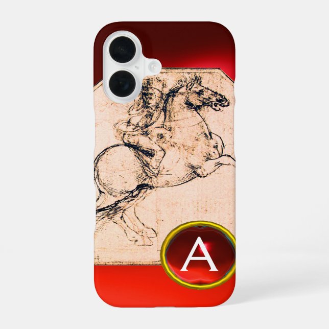 Knight on a Rearing Horse Red Ruby Gem Monogram iPhone 16 Case (Back)