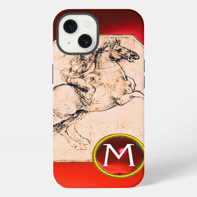 Knight on a Rearing Horse Red Ruby Gem Monogram iPhone Case (Back)