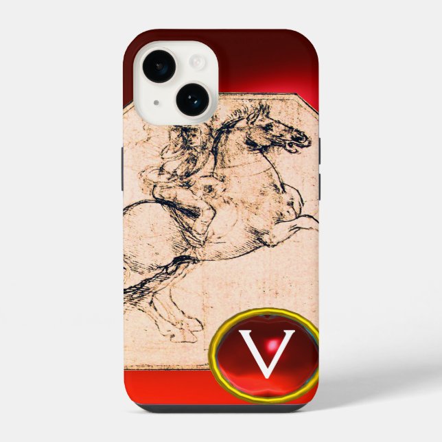 Knight on a Rearing Horse Red Ruby Gem Monogram iPhone Case (Back)