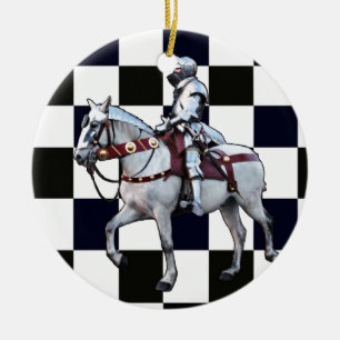 Knight on white horse with Chess board Ceramic Tree Decoration