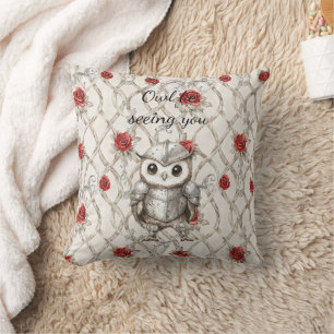 Knight Owl in Shining Armor Red Roses Seeing You Cushion
