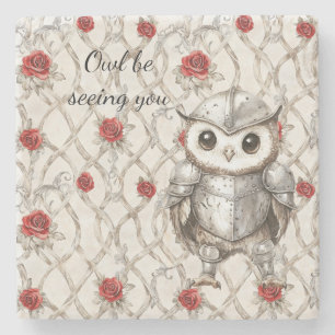 Knight Owl in Shining Armor Red Roses Seeing You Stone Coaster