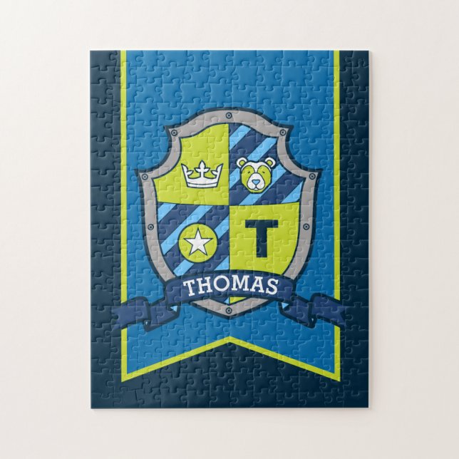 Knight prince crest personalised bear blue green jigsaw puzzle (Vertical)