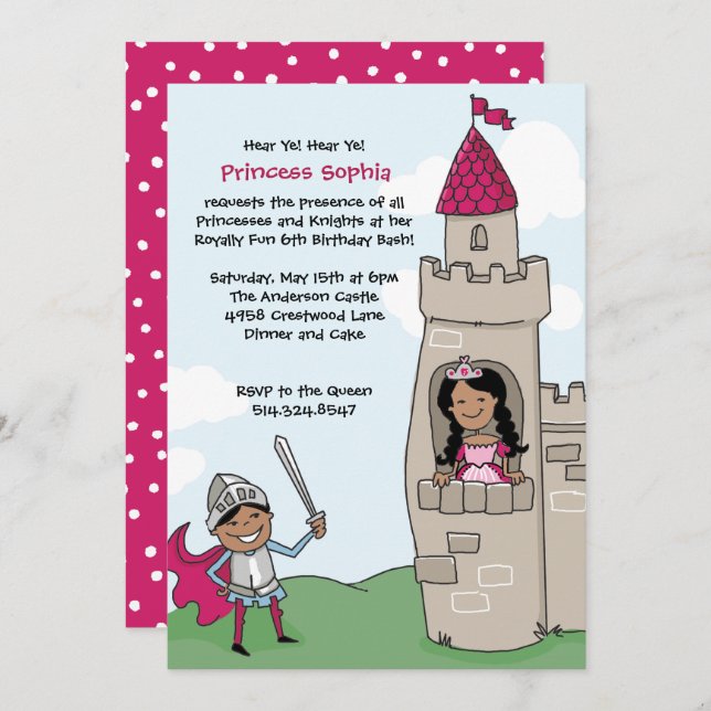 Knight Saves Princess Invitations: Black Hair Invitation (Front/Back)