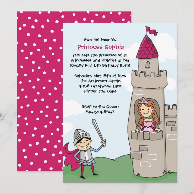 Knight Saves Princess Invitations: Black Red Hair Invitation (Front/Back)