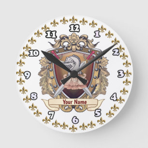 Knight Shield Surname Round Clock