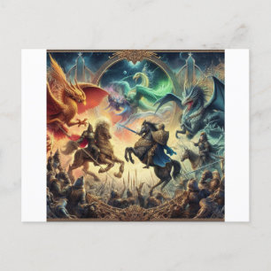 Knights battling mythical creatures postcard
