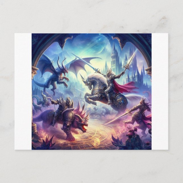 Knights battling mythical creatures postcard (Front)