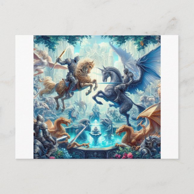 Knights battling mythical creatures postcard (Front)