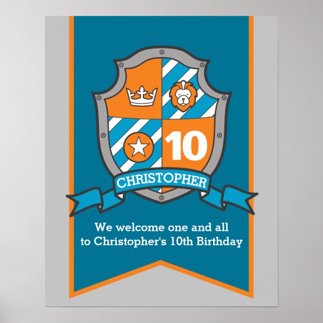 Knights boys 10th birthday heraldry crest welcome poster (Front)