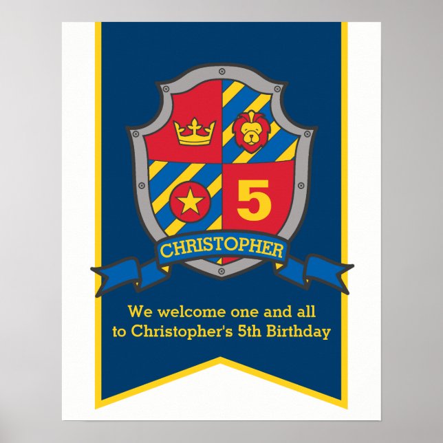Knights boys 5th birthday heraldry shield welcome poster (Front)