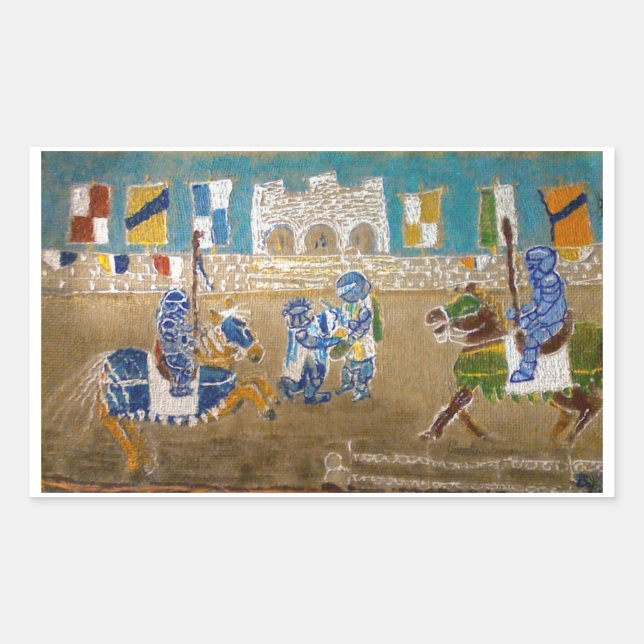 Knights in joust tournament in green and red rectangular sticker (Front)