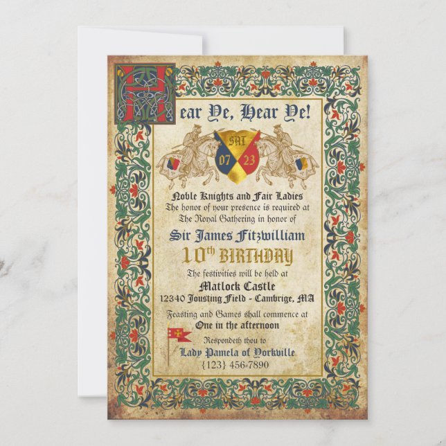 Knights Jousting Mediaeval Manuscript Birthday Invitation (Front)