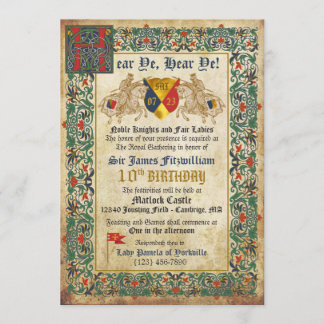 Knights Jousting Mediaeval Manuscript Birthday Invitation