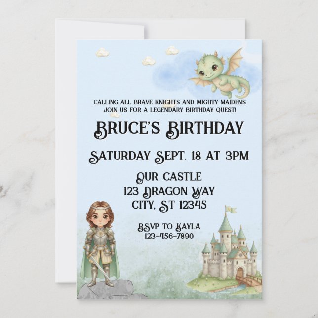 Knights, Maidens, and Dragons Birthday Invitation (Front)