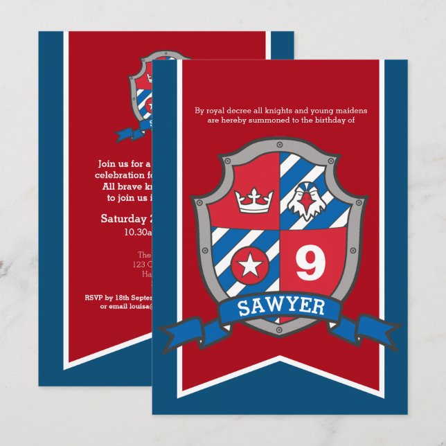 Knights mediaeval kids birthday party red blue invitation (Front/Back)