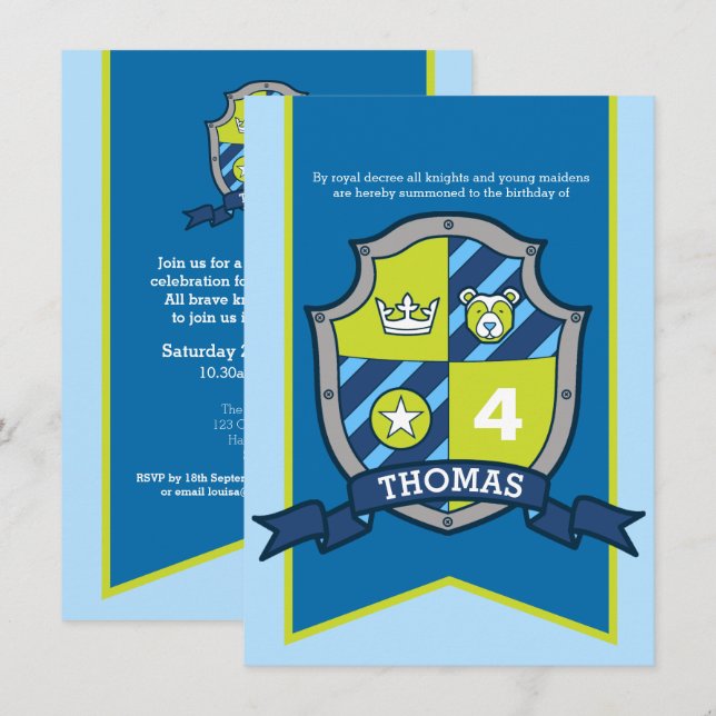 Knights mediaeval shield kids 4th birthday invites (Front/Back)