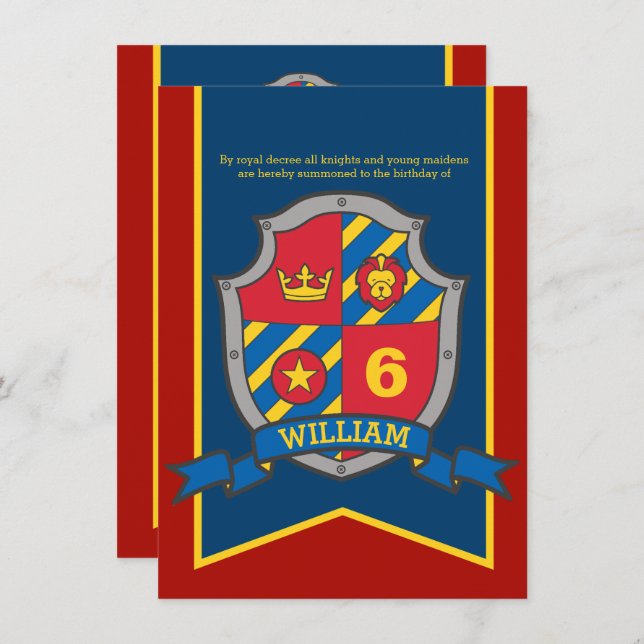 Knights mediaeval shield kids 6th birthday invites (Front/Back)