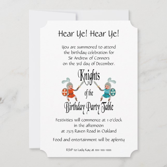 Knights of the Birthday Party Table Invitation (Front)