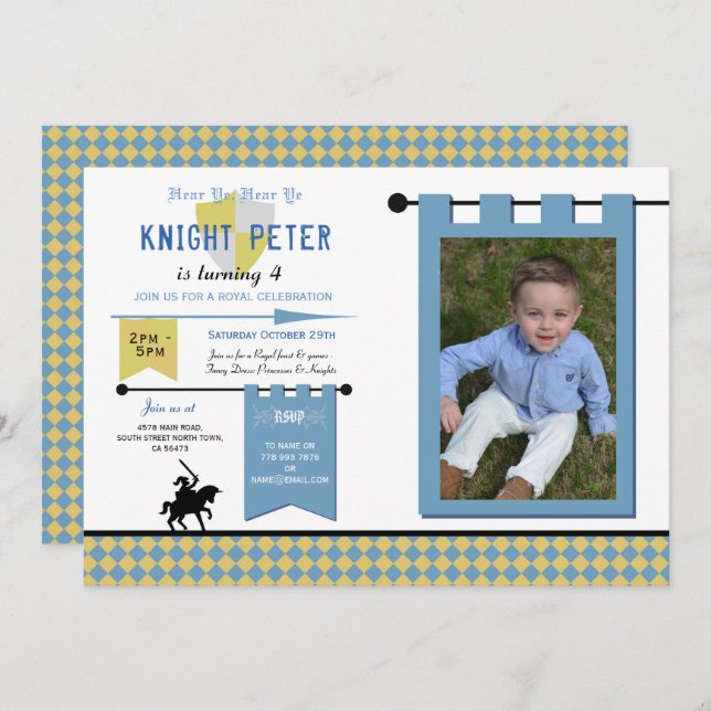 Knights Photo Mediaeval Birthday Party Blue Invitation (Front/Back)